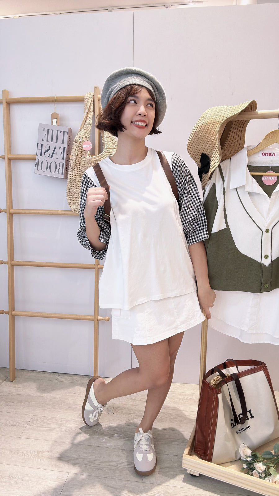 cotton并接格子上衣