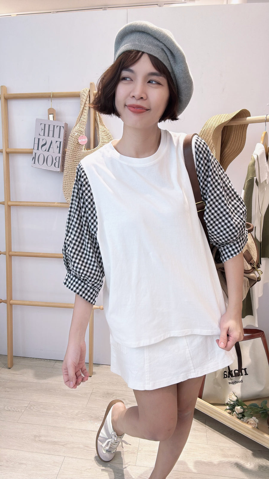 cotton并接格子上衣