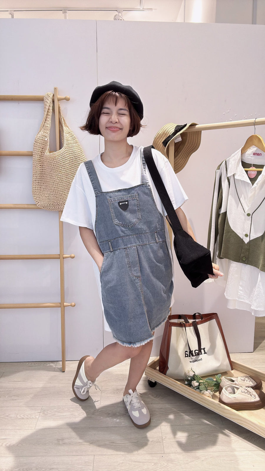 cotton牛仔假吊带短连身裙