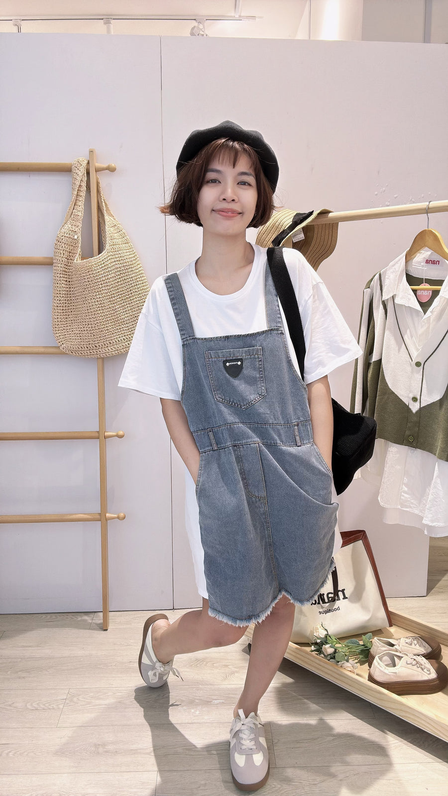 cotton牛仔假吊带短连身裙