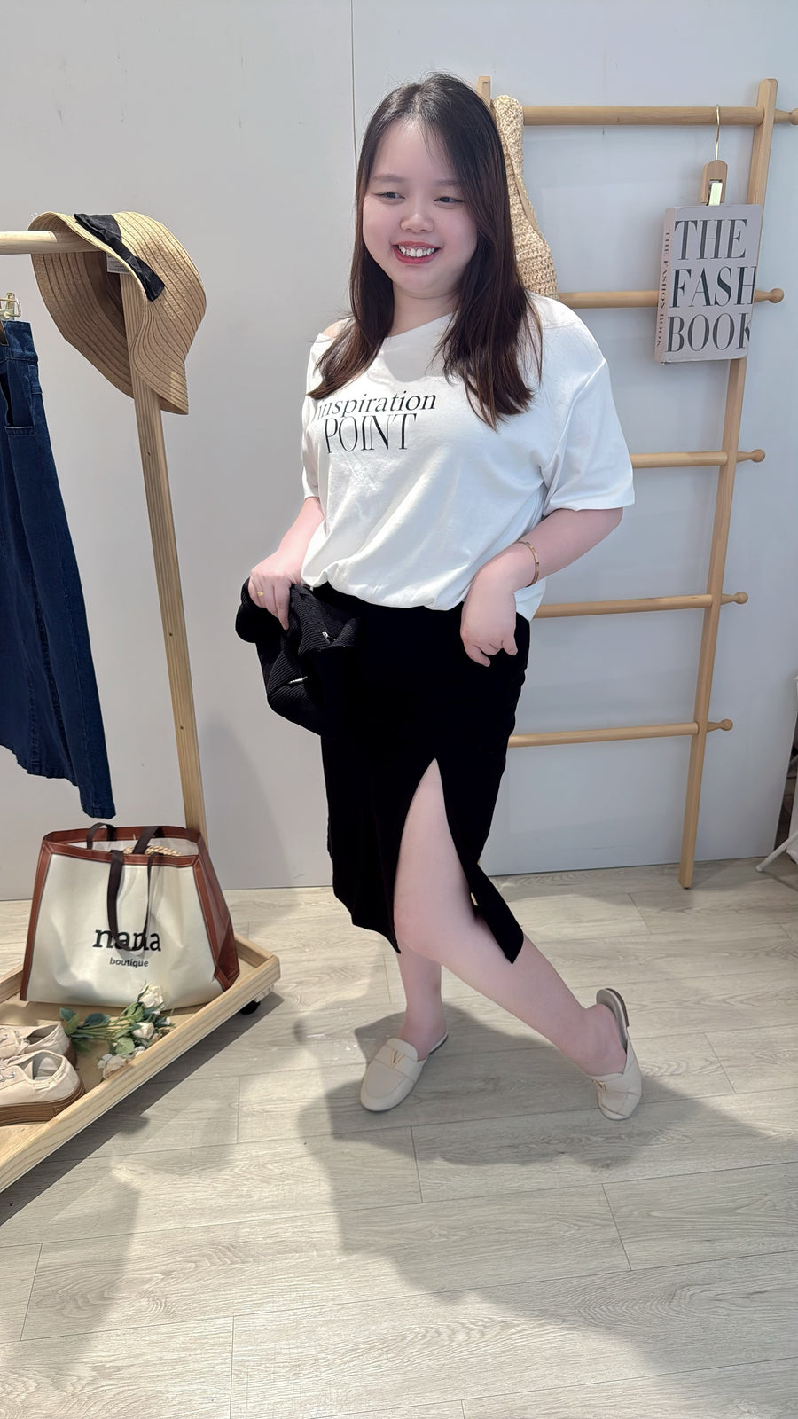 牛仔开叉高腰半长裙