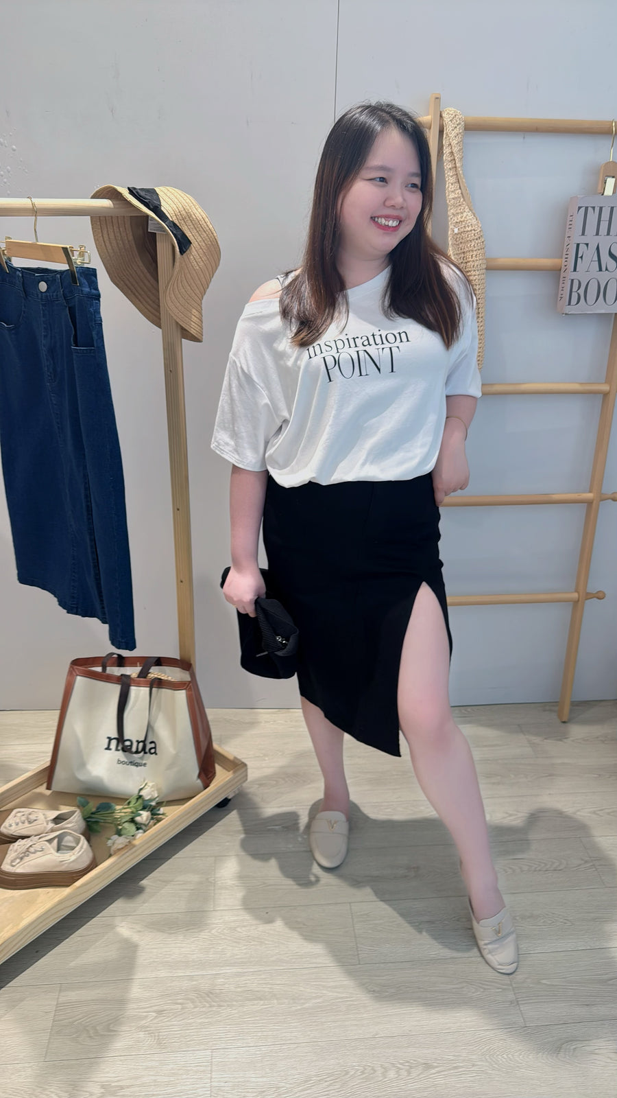 牛仔开叉高腰半长裙