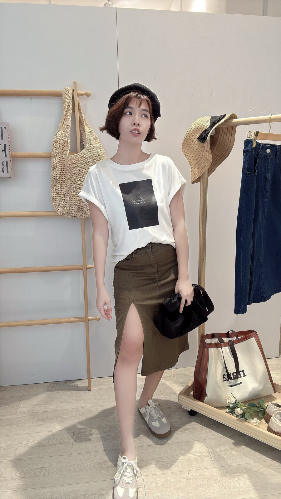 牛仔开叉高腰半长裙