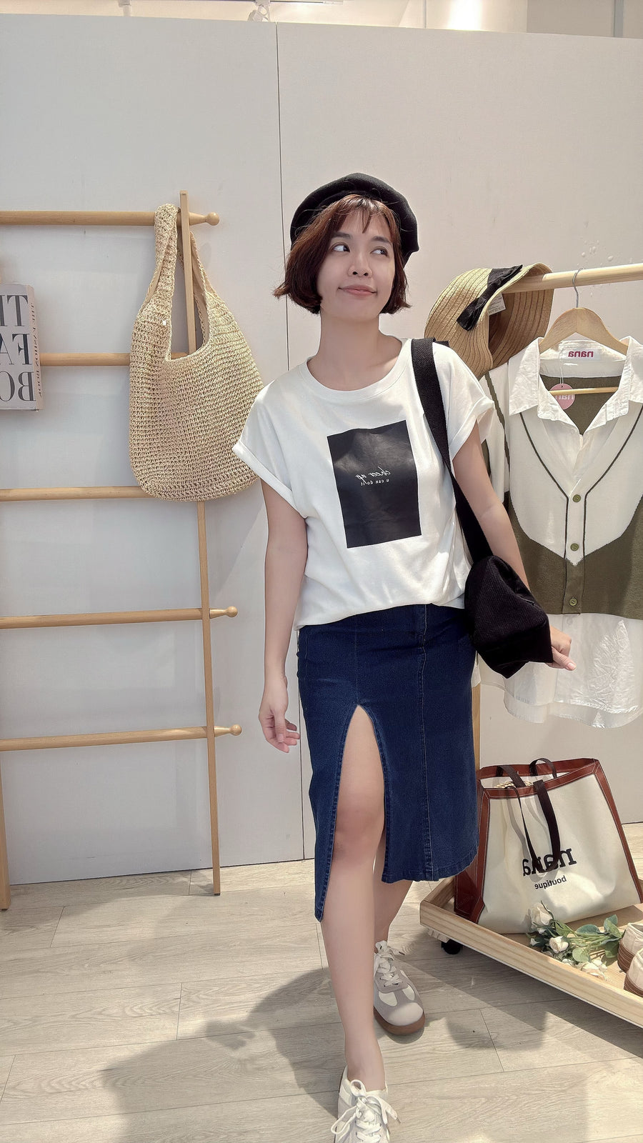 牛仔开叉高腰半长裙