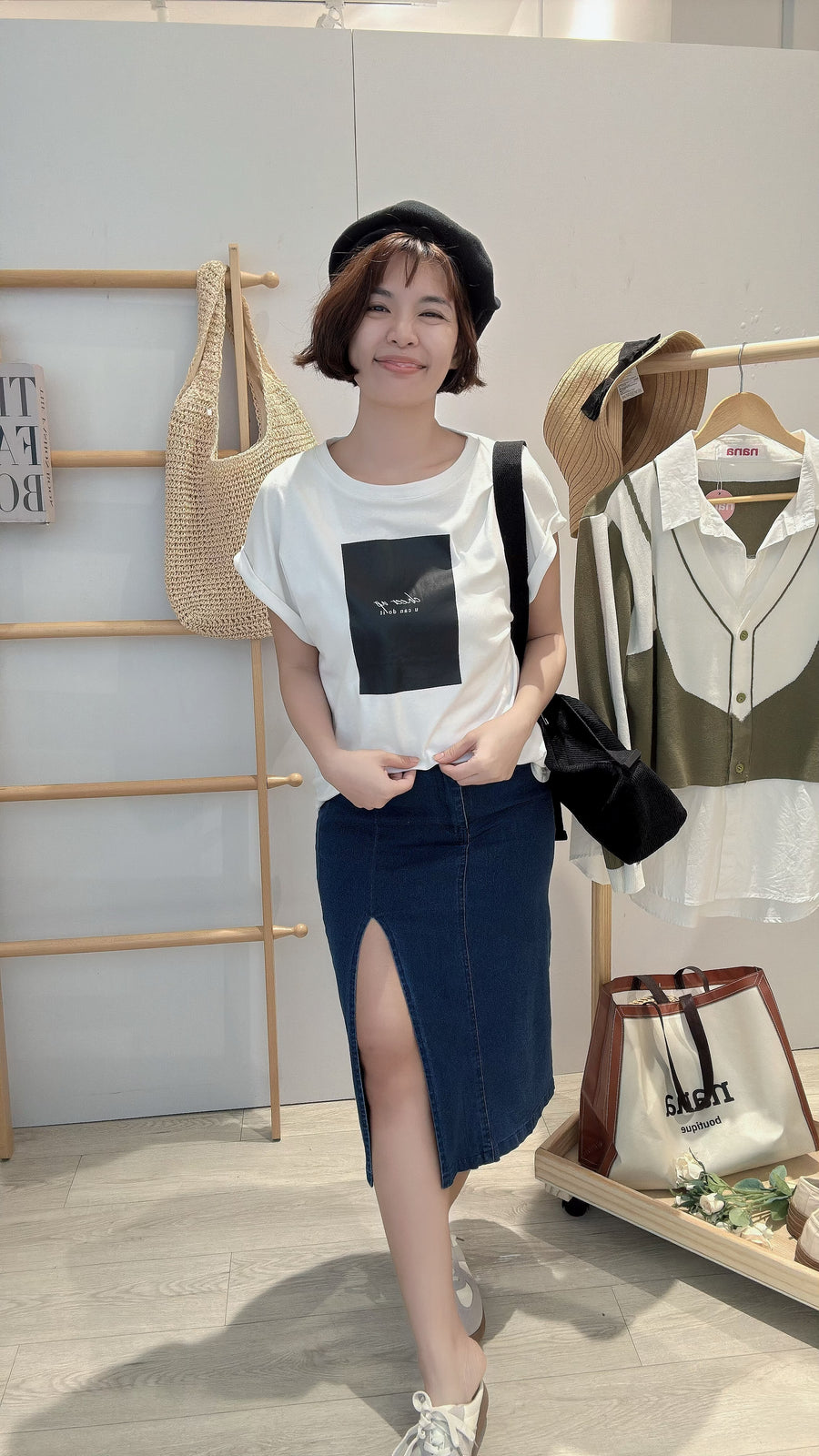 牛仔开叉高腰半长裙