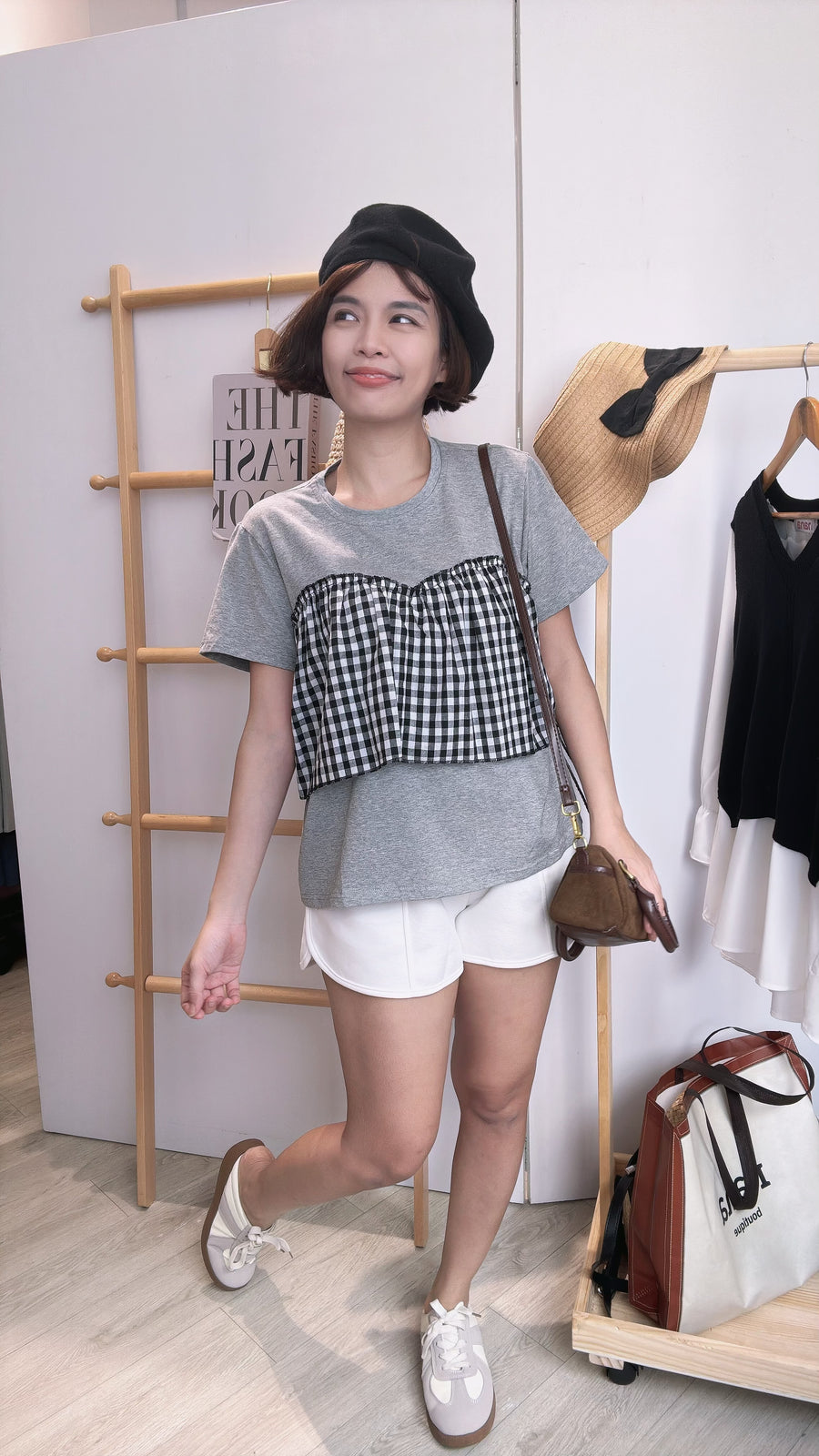 棉质并接格子麻料上衣