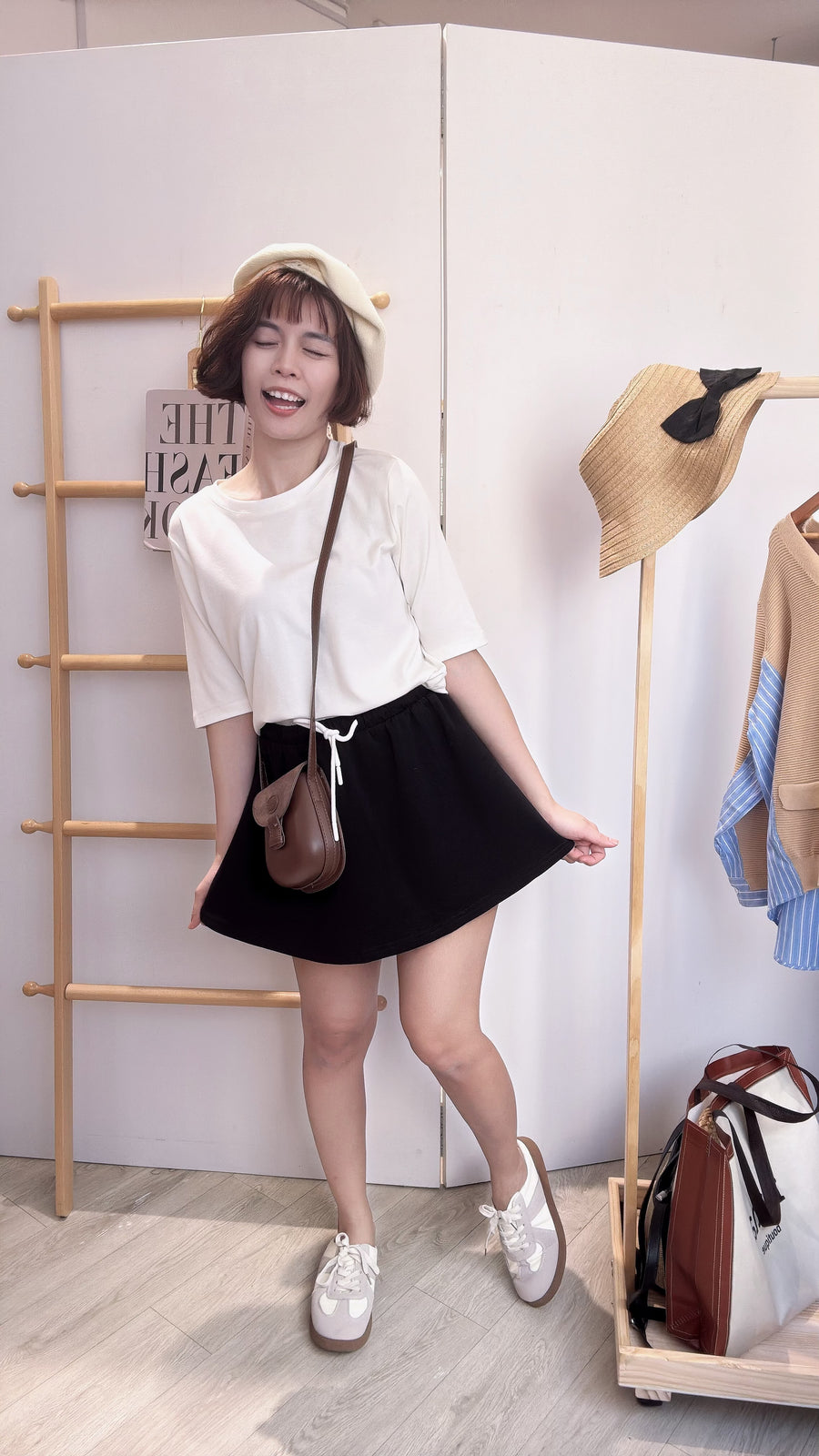 撞色紧松紧腰裤裙