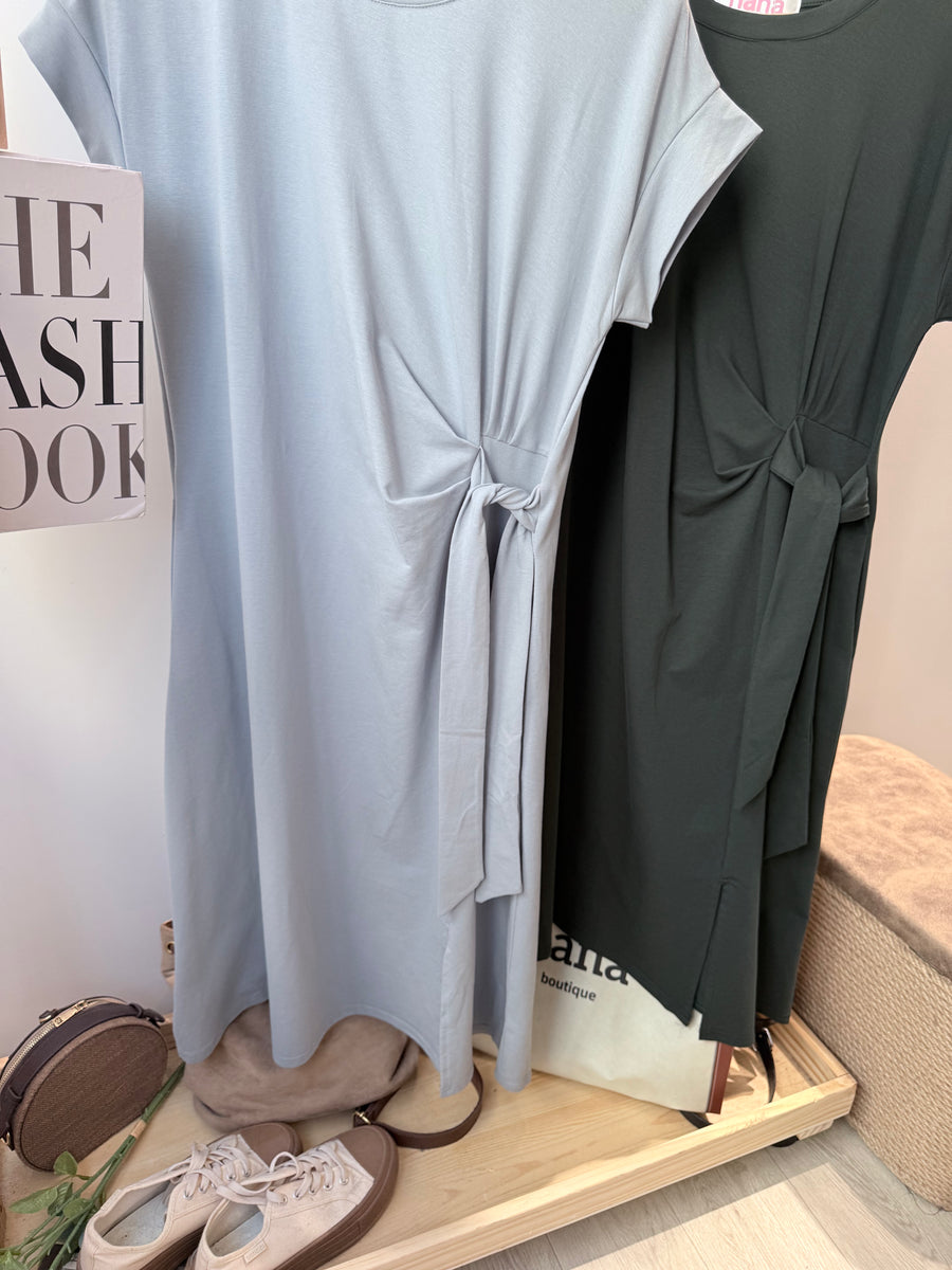 皱褶绑带棉质长连身裙