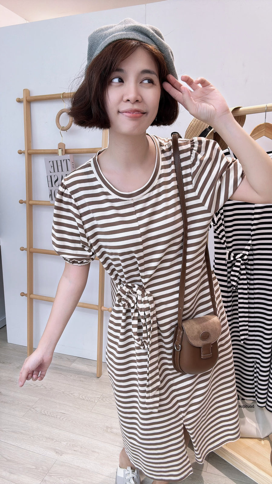 公主袖皱褶绑带长连身裙