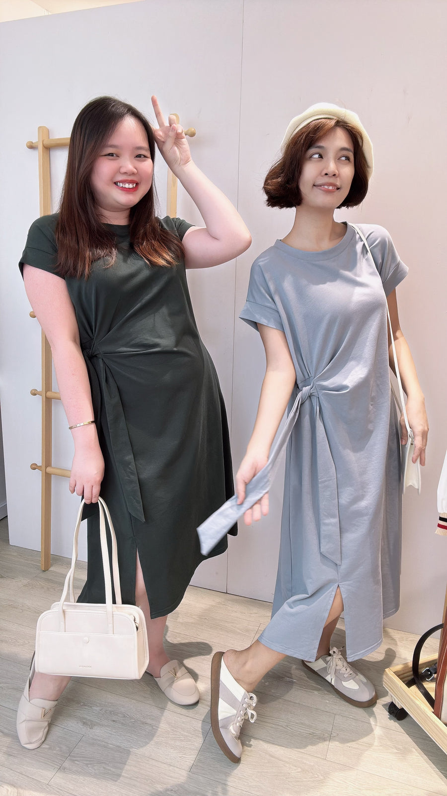 皱褶绑带棉质长连身裙