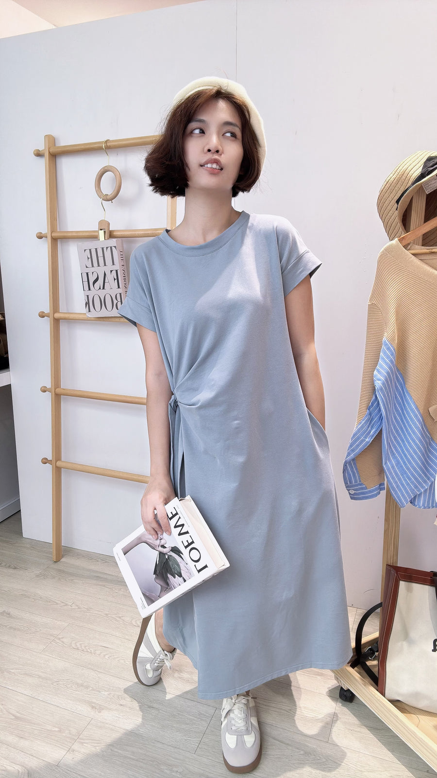 皱褶绑带棉质长连身裙