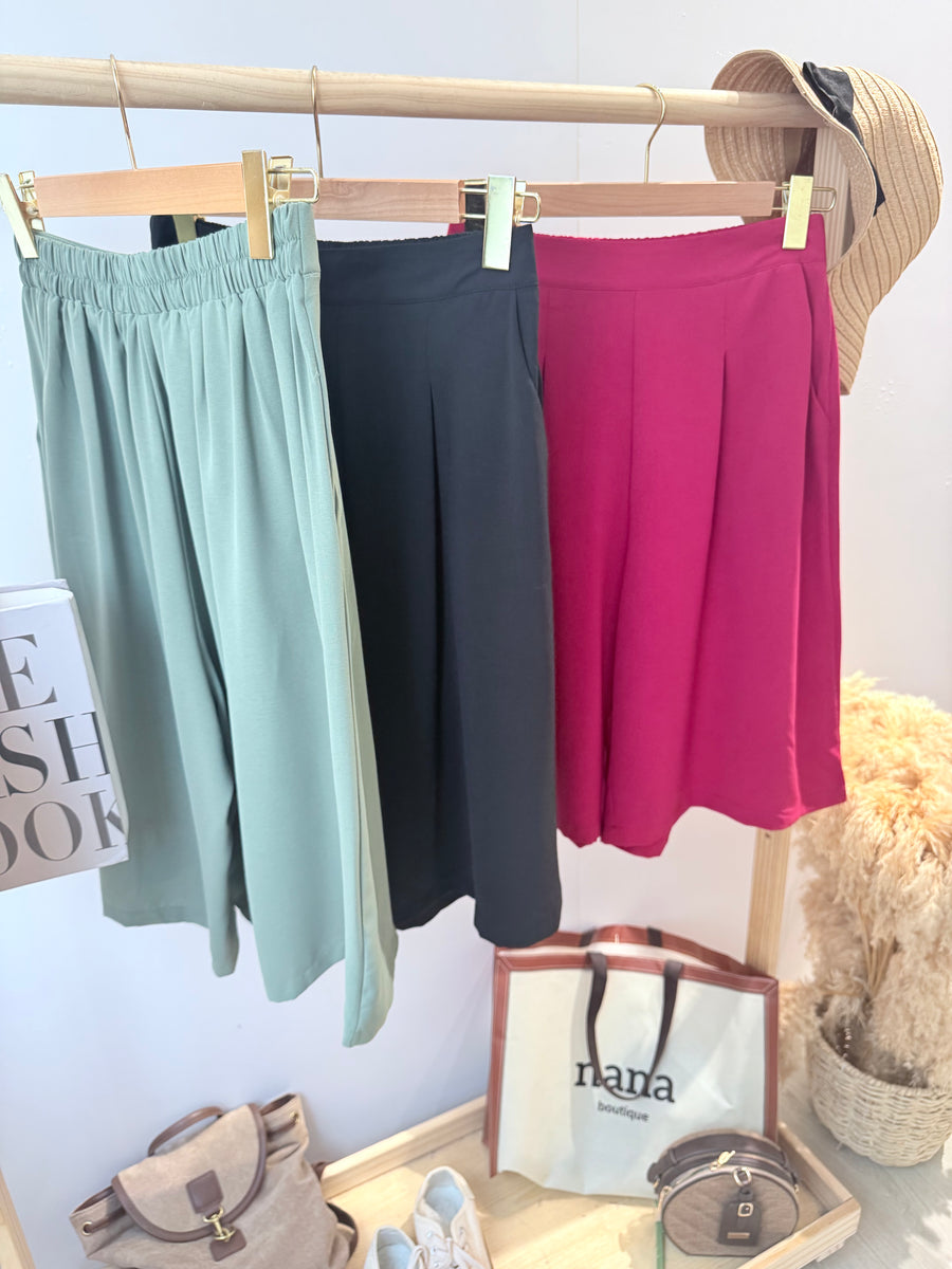 六分雪纺后松紧腰阔脚裤