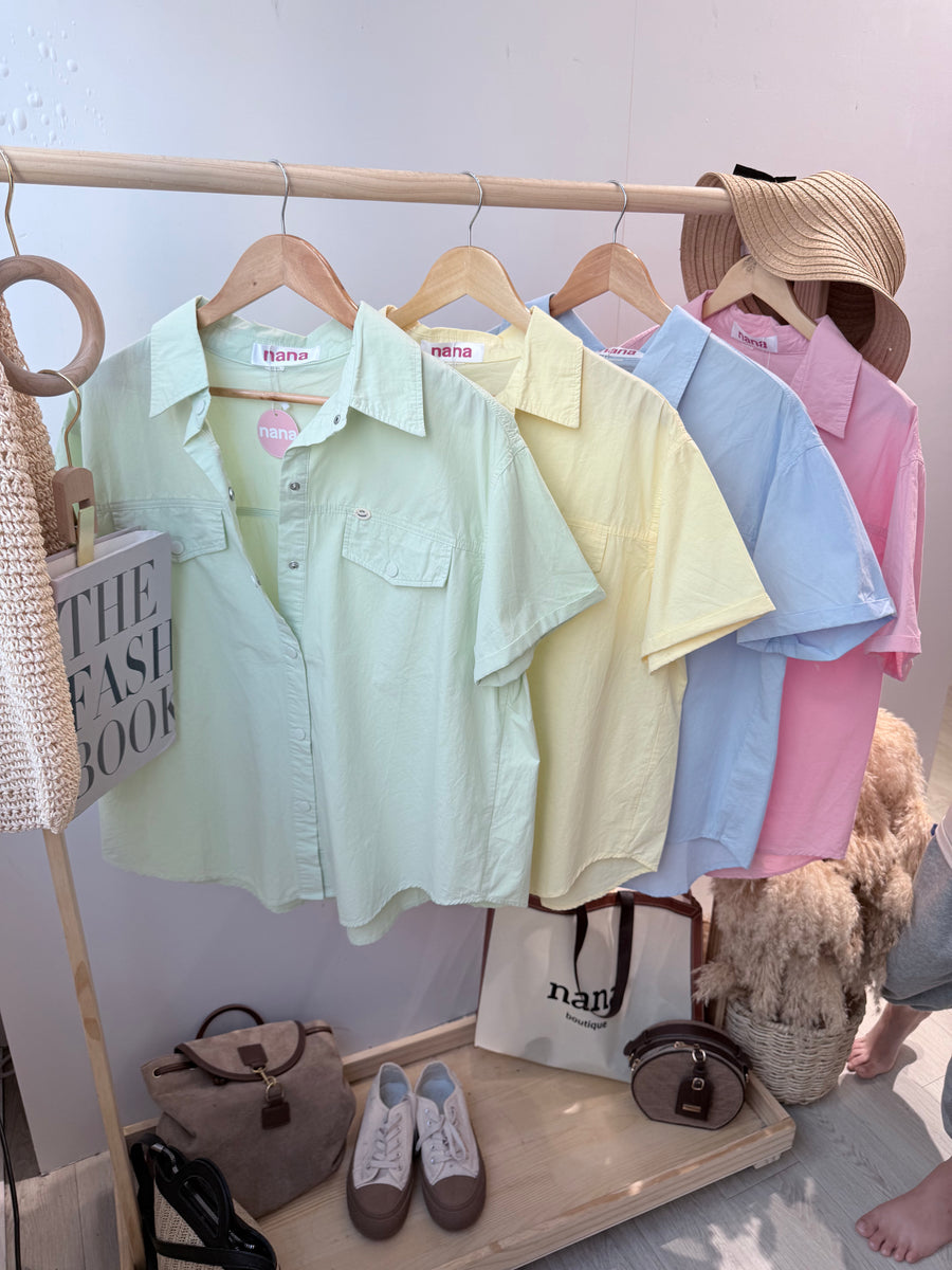 糖果色水洗牛仔短袖衬衫