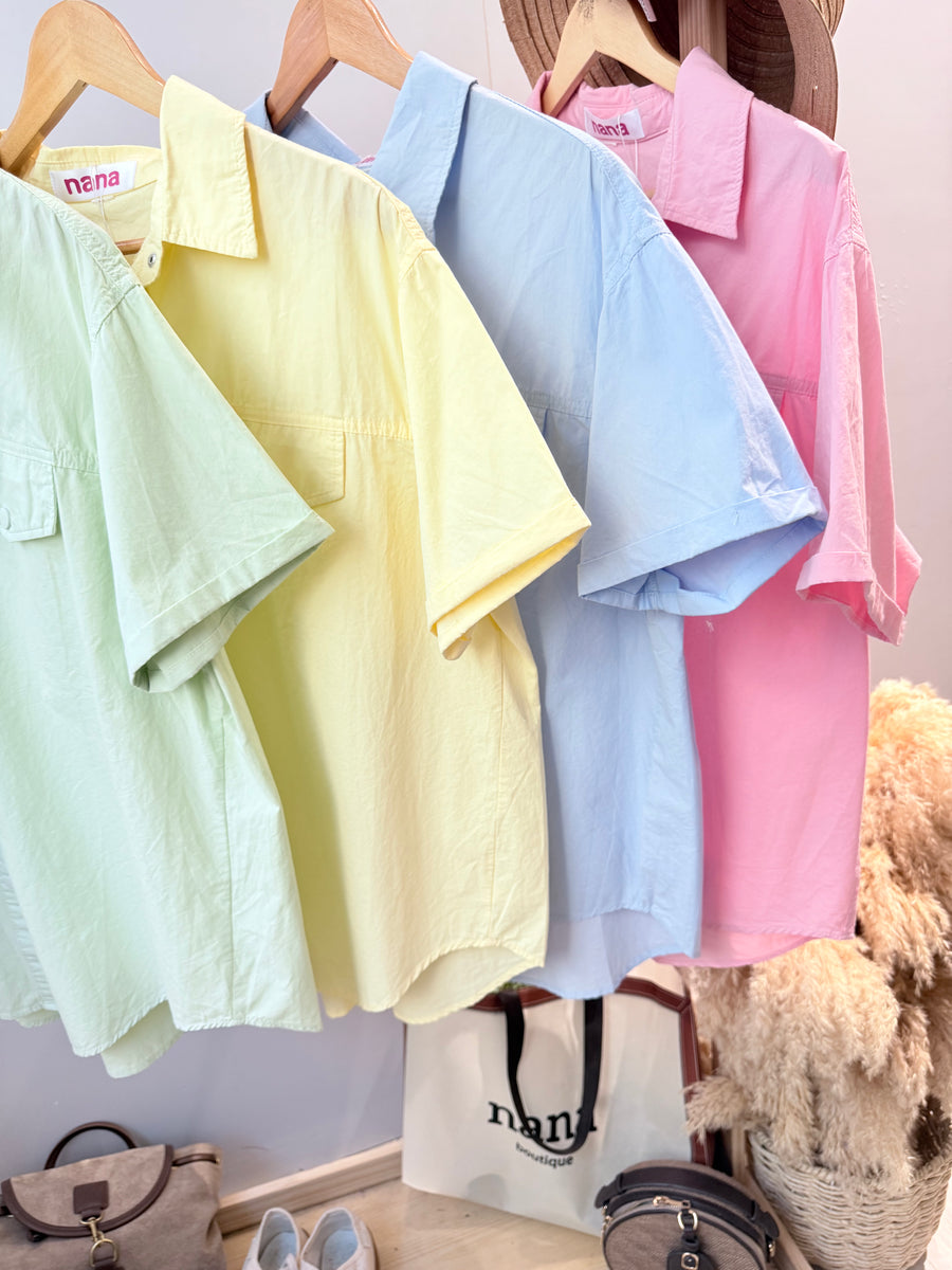 糖果色水洗牛仔短袖衬衫