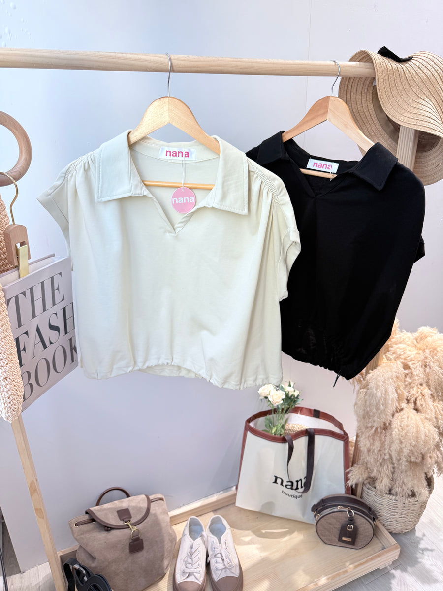 Polo领抽绳收腰短上衣