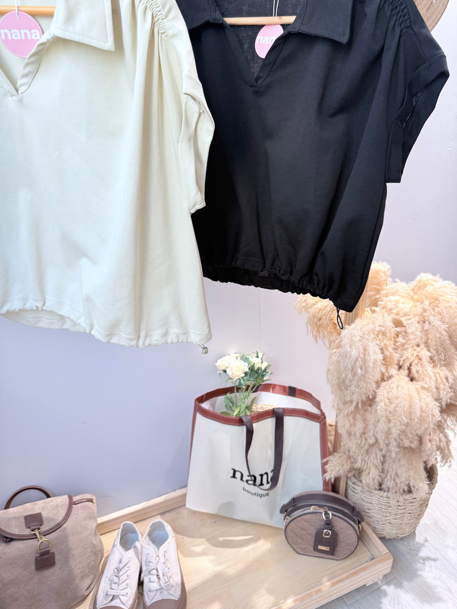 Polo领抽绳收腰短上衣