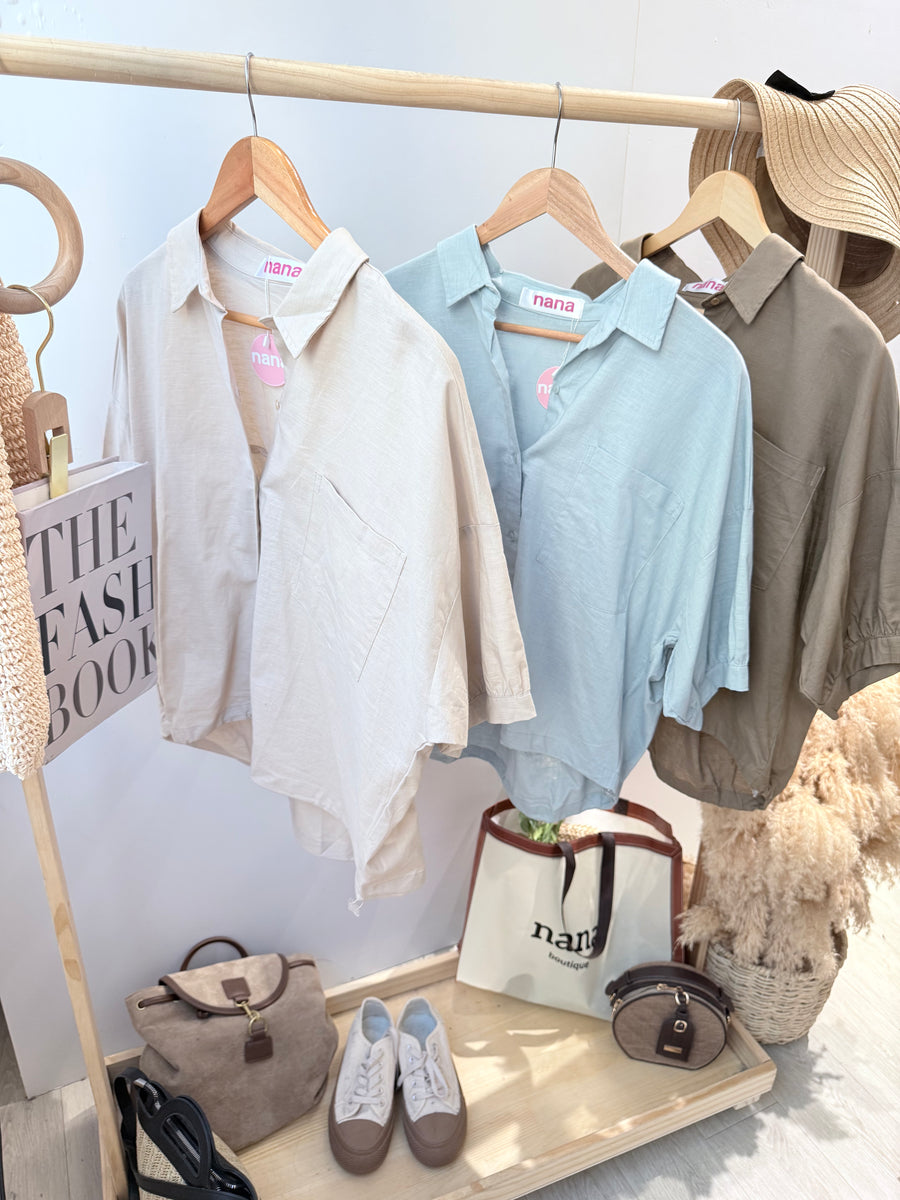 麻料单色宽松衬衫