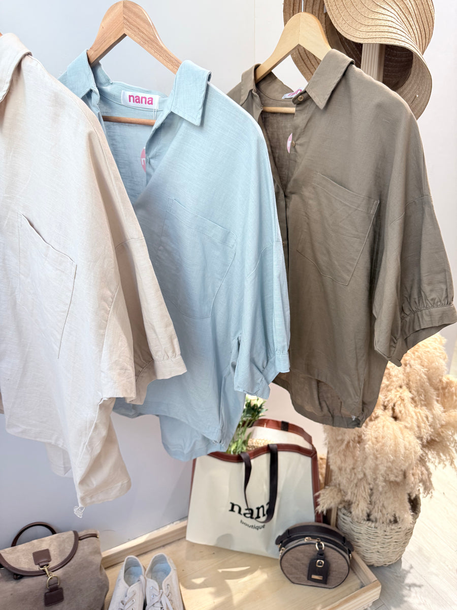 麻料单色宽松衬衫