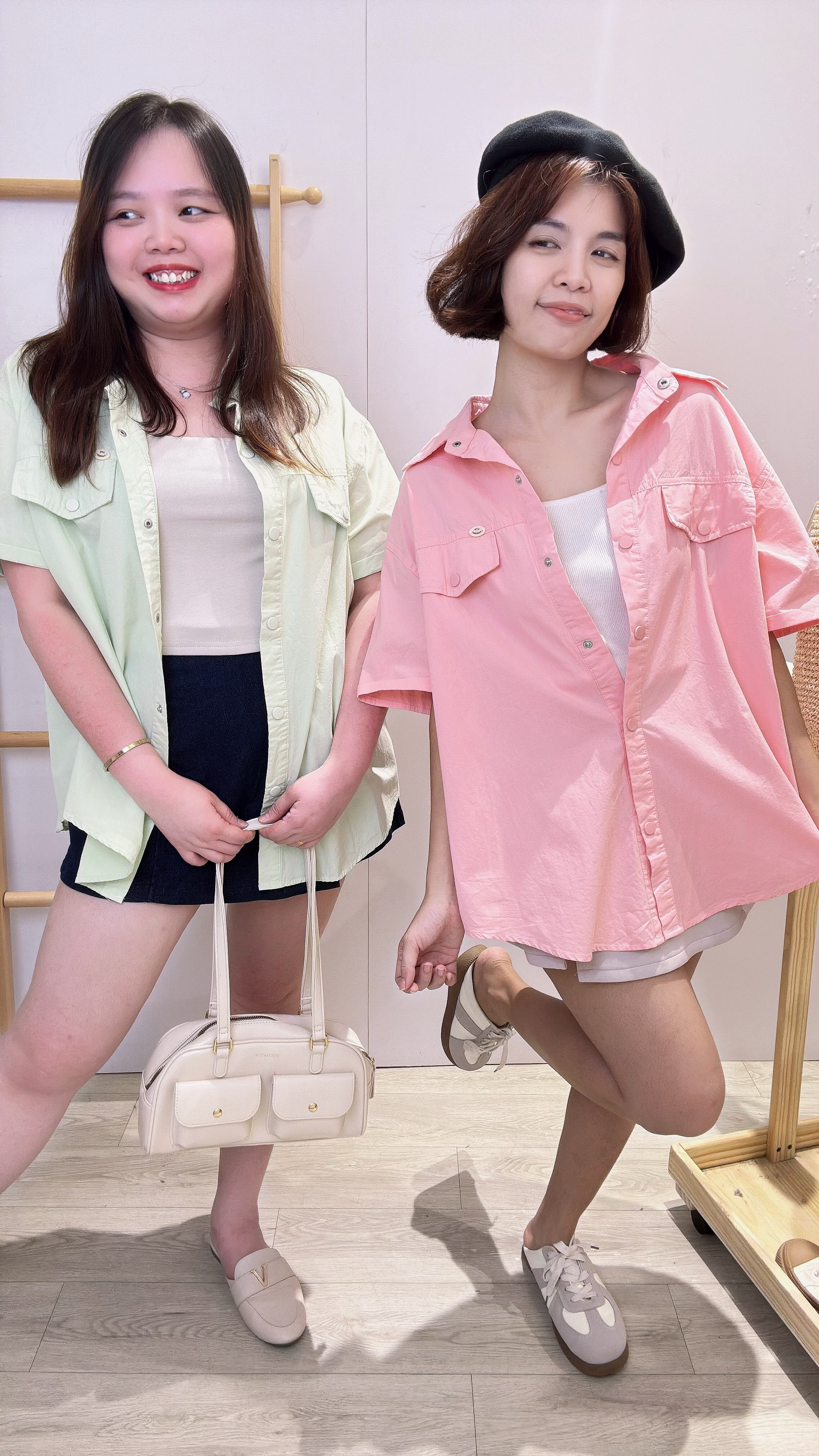 糖果色水洗牛仔短袖衬衫