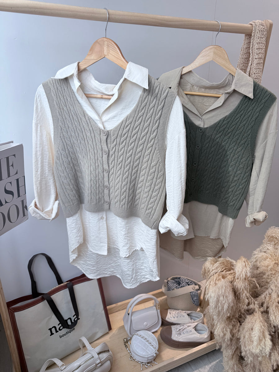 针织并接薄绒衬衫