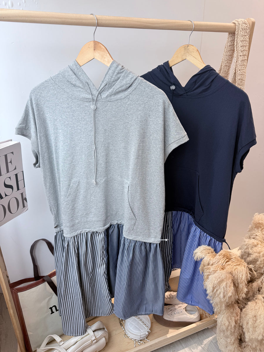 连帽Cotton并接线条衬衫连身裙