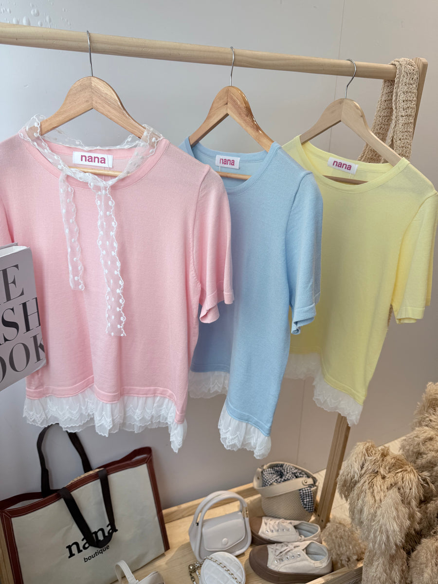 甜美色蕾丝冰丝针织上衣