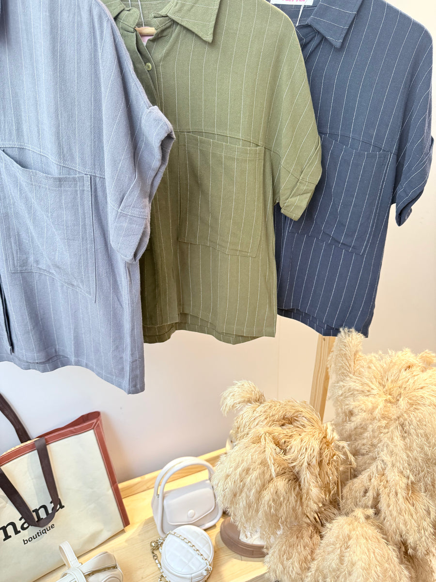 优质麻料虚线短版衬衫