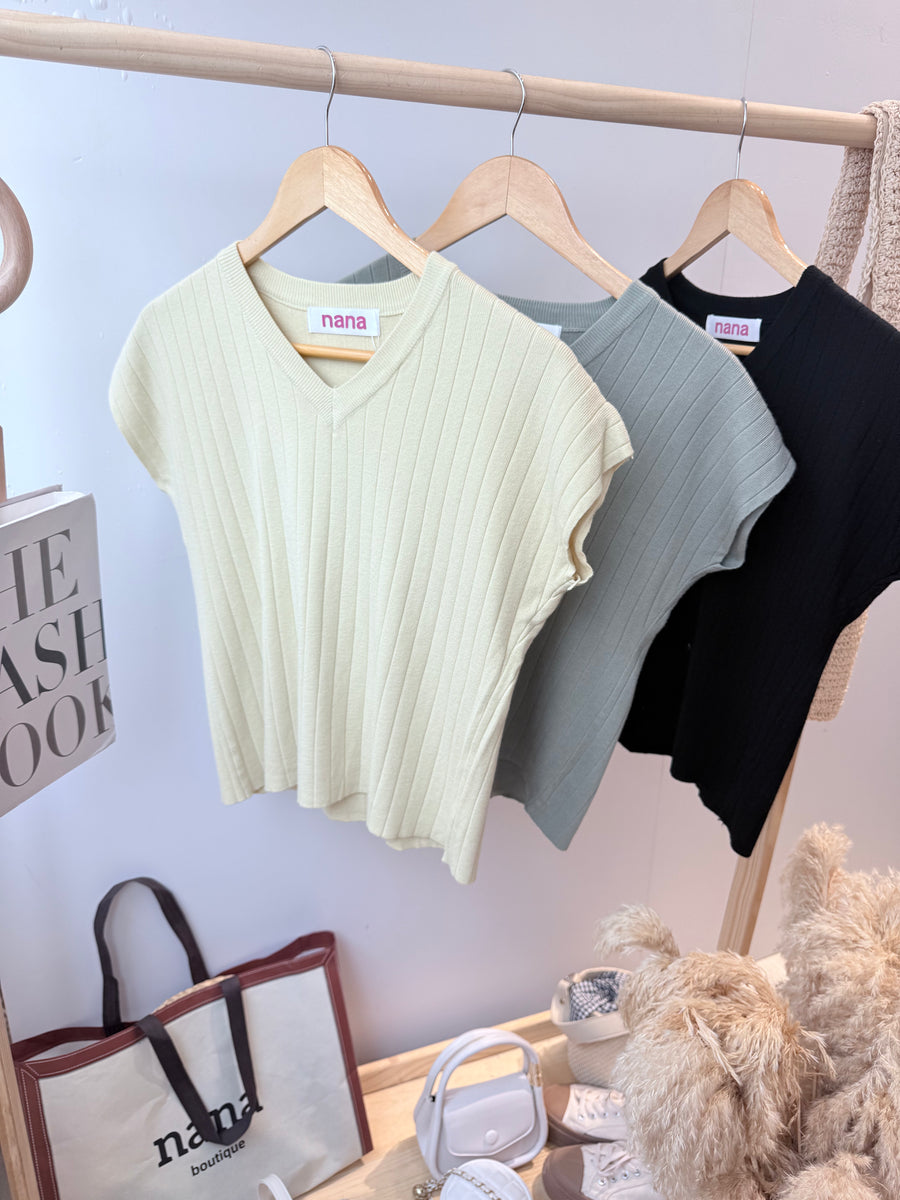 V领直条纹出袖针织上衣