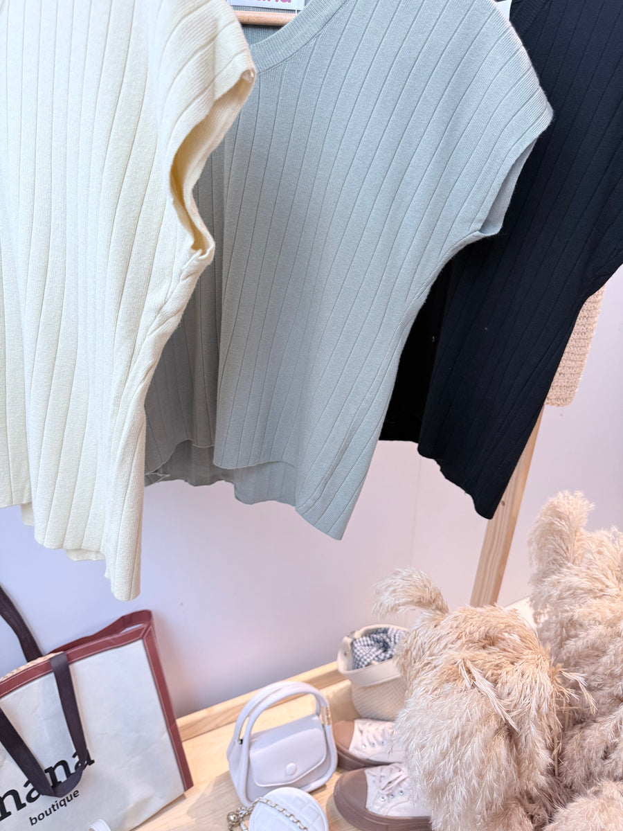 V领直条纹出袖针织上衣