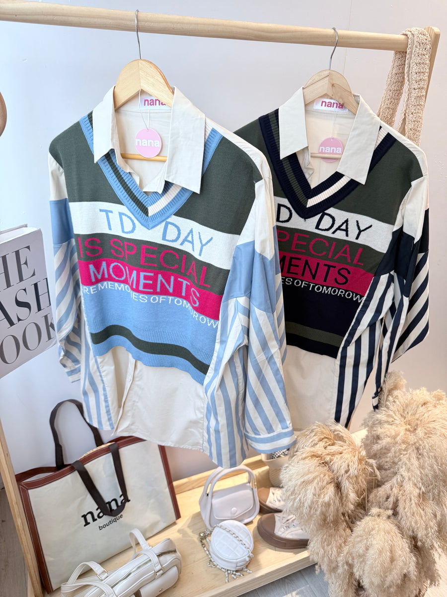 针织撞色并接线条衬衫