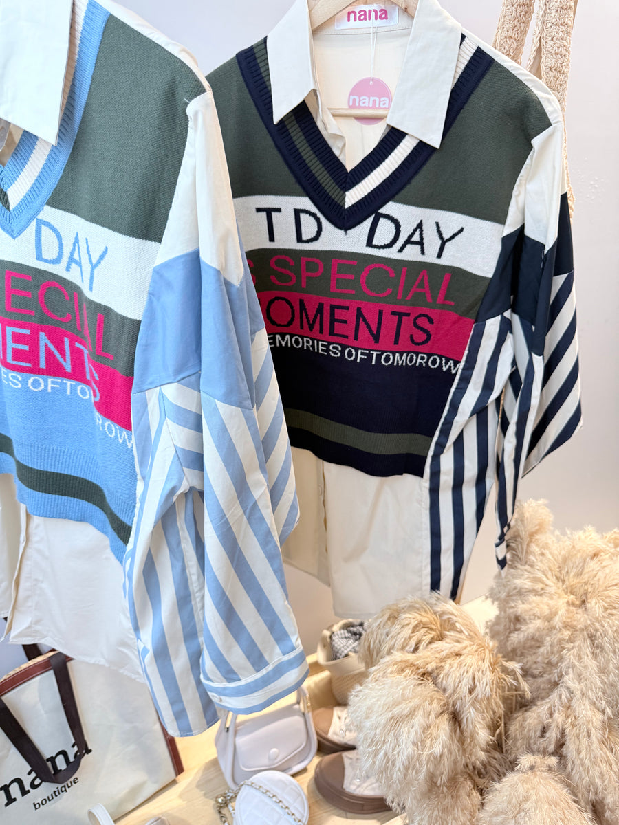 针织撞色并接线条衬衫