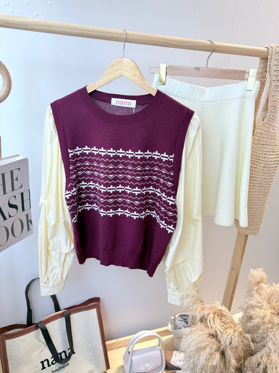 酒红色文艺泡泡长袖上衣