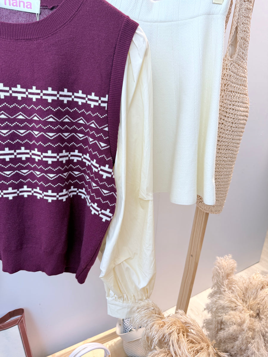 酒红色文艺泡泡长袖上衣