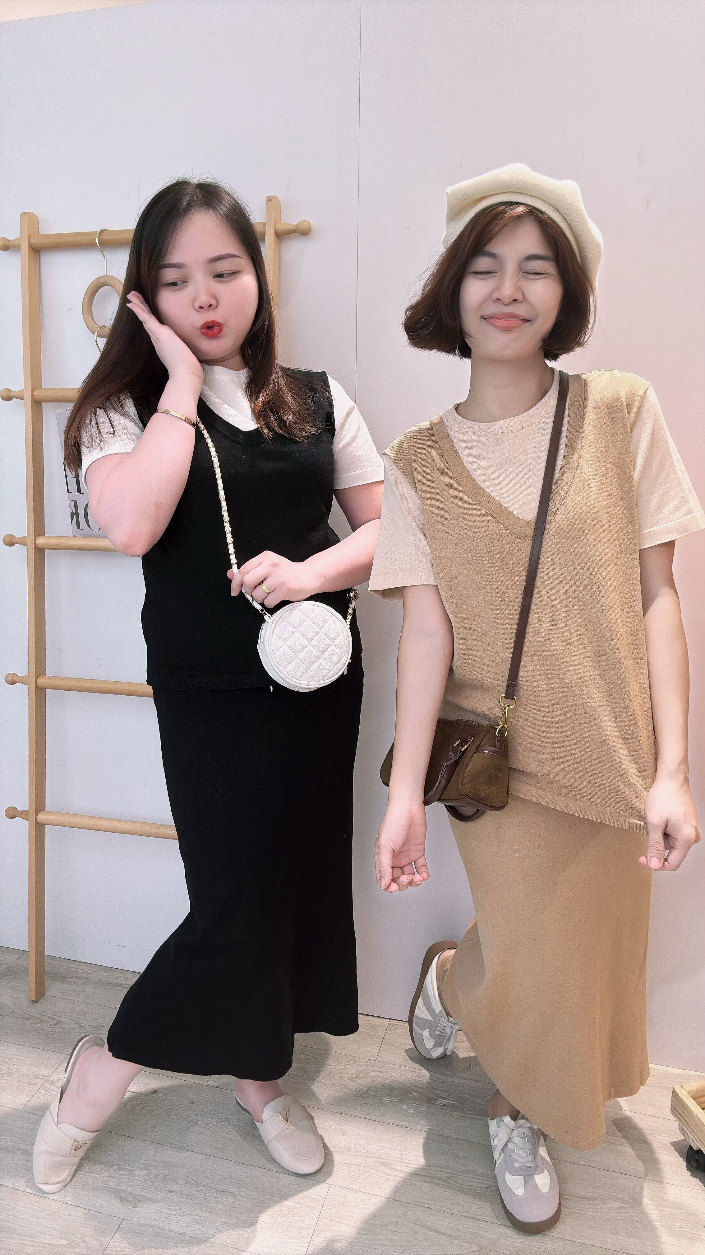 冰丝撞色针织长裙套装