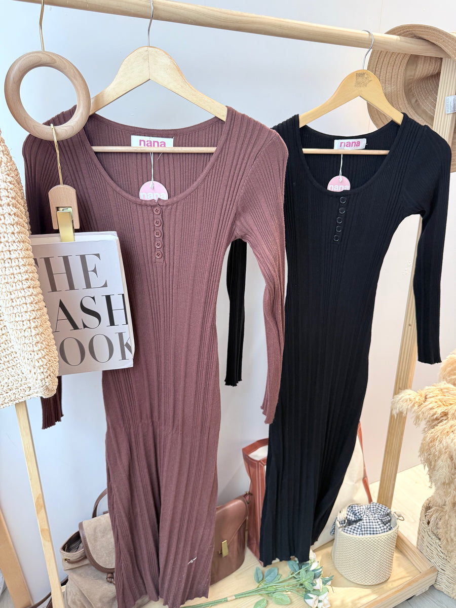 针织长袖腰身长裙