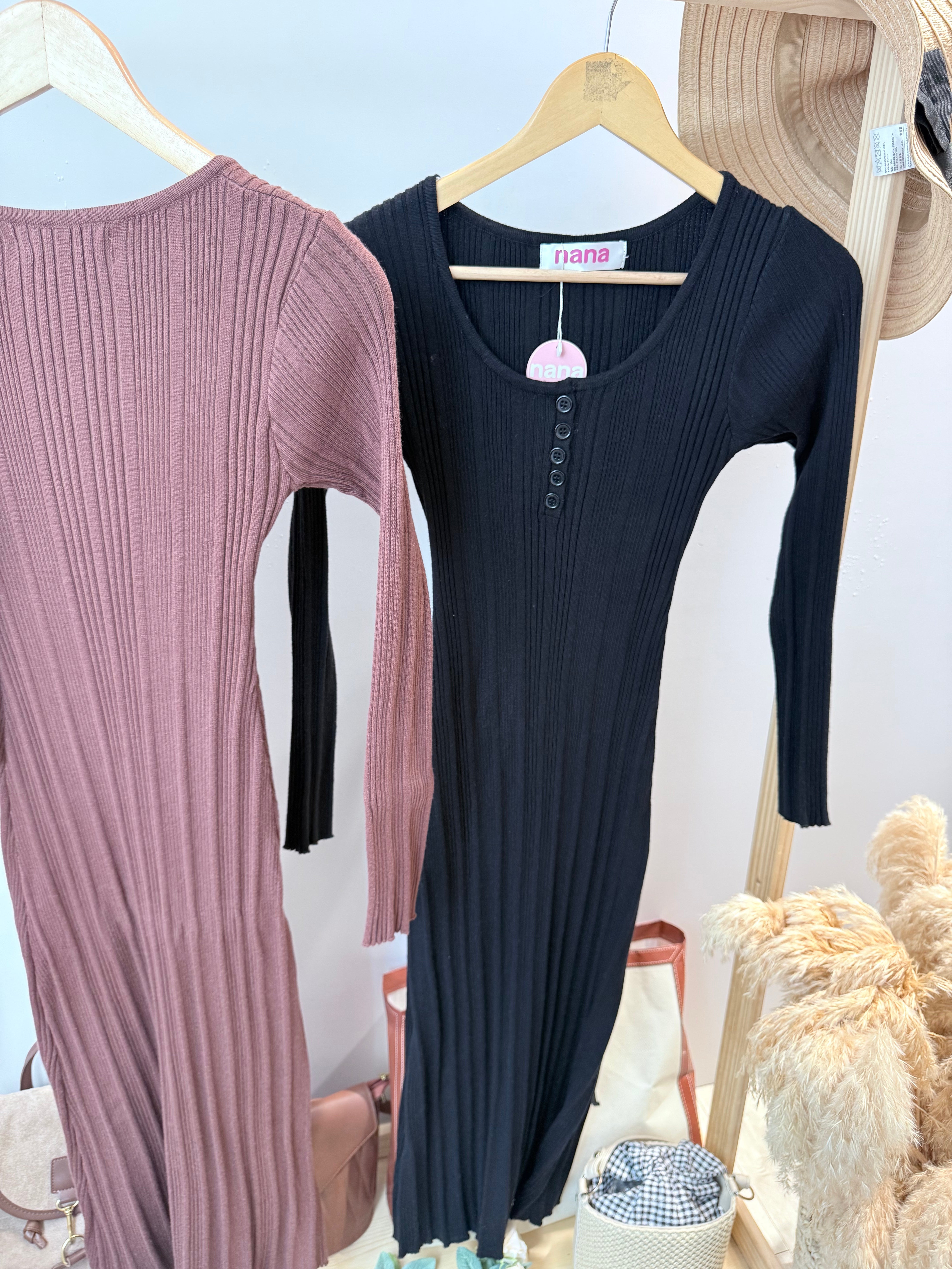 针织长袖腰身长裙