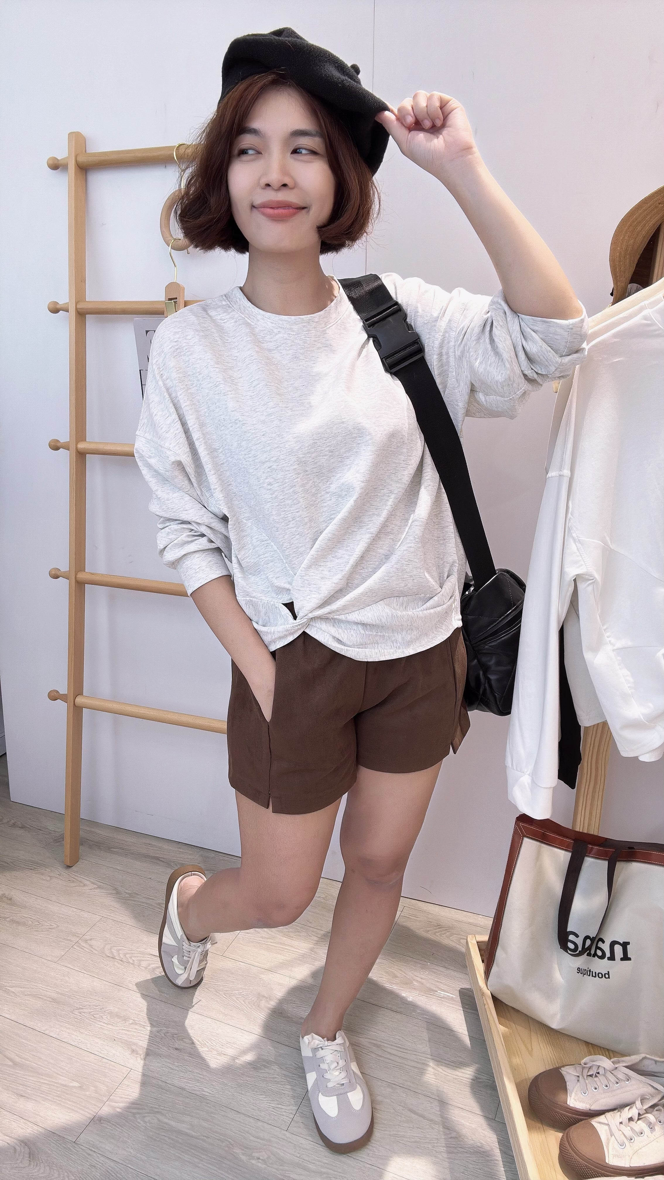 滑面太空棉皱褶长袖上衣