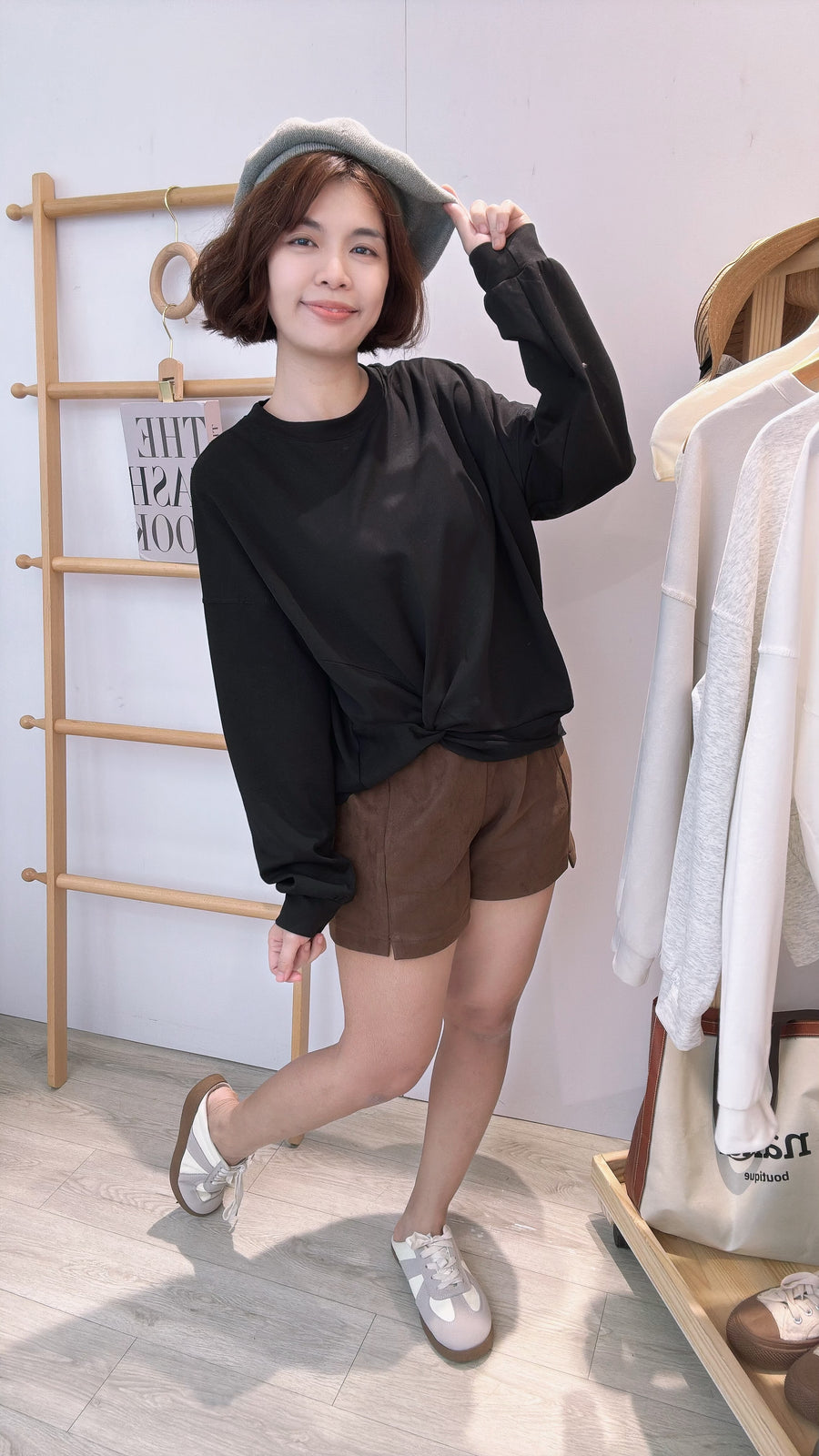 滑面太空棉皱褶长袖上衣