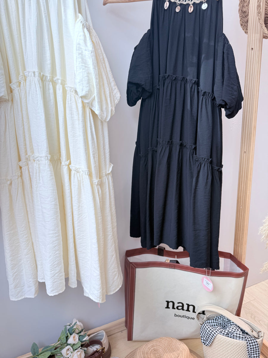 波西米亚风露肩泡泡袖短连身裙