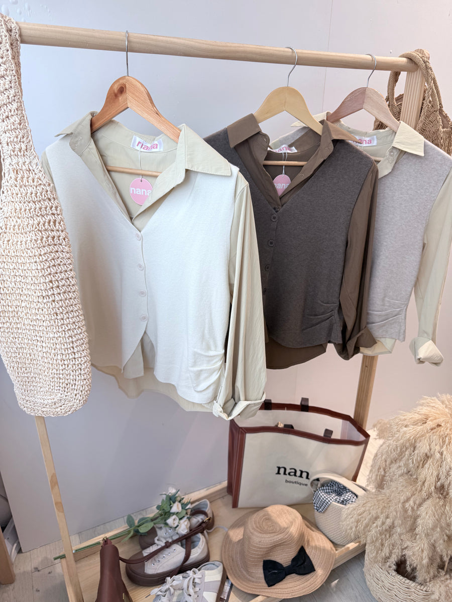 针织并接衬衫两件式上衣