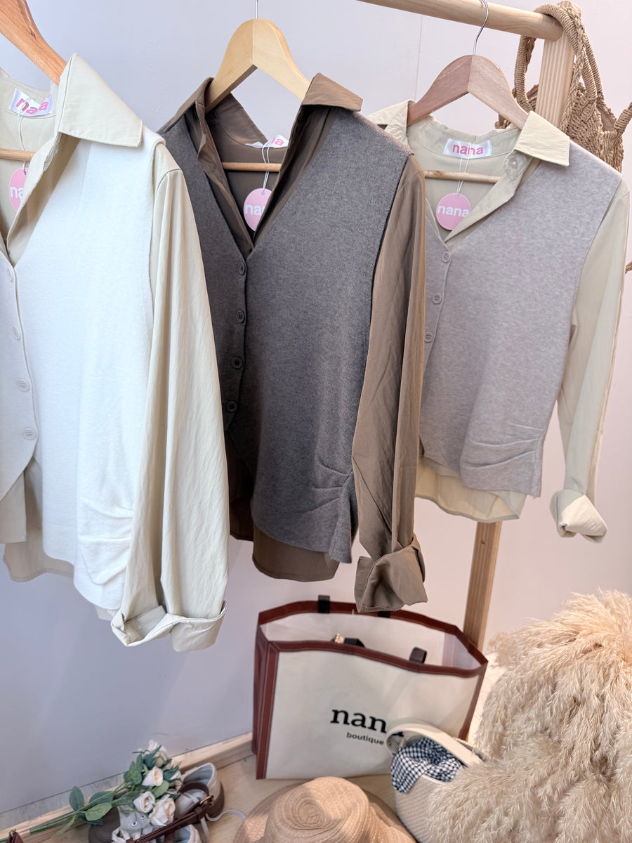 针织并接衬衫两件式上衣