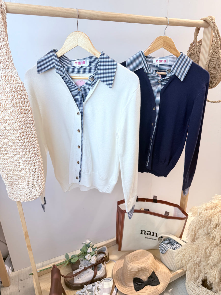 格子衬衫并针织学院风上衣