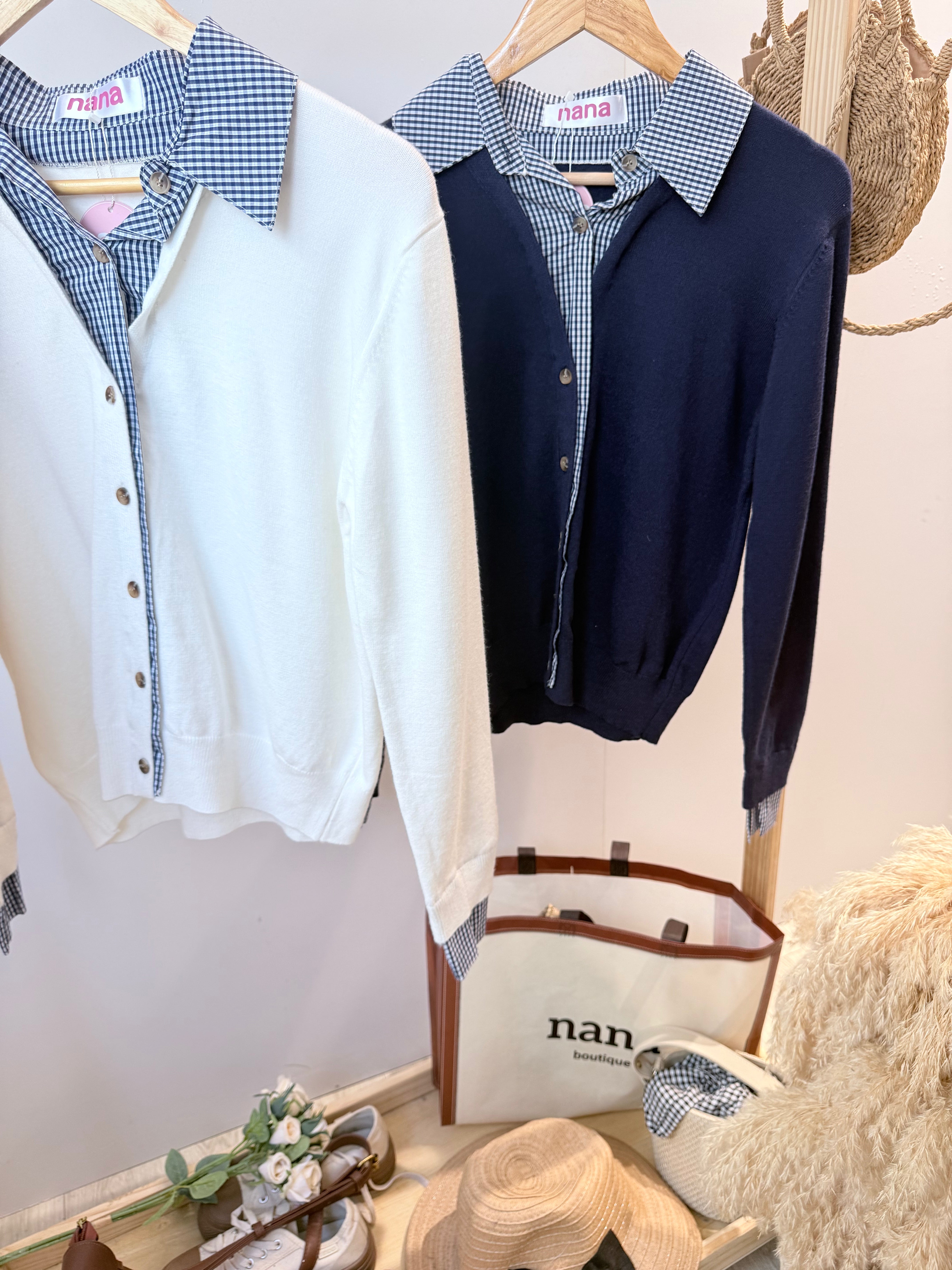 格子衬衫并针织学院风上衣