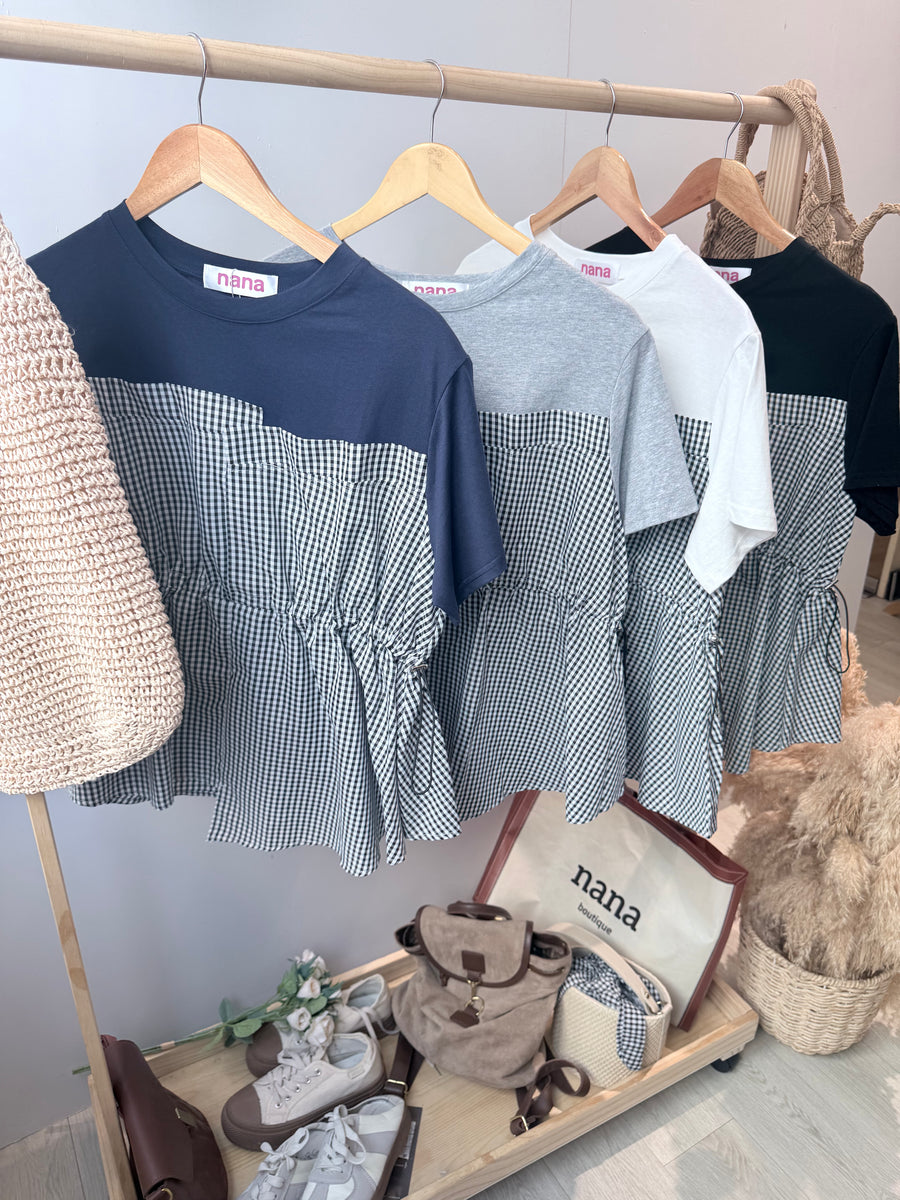 棉质并雪纺格子收腰上衣