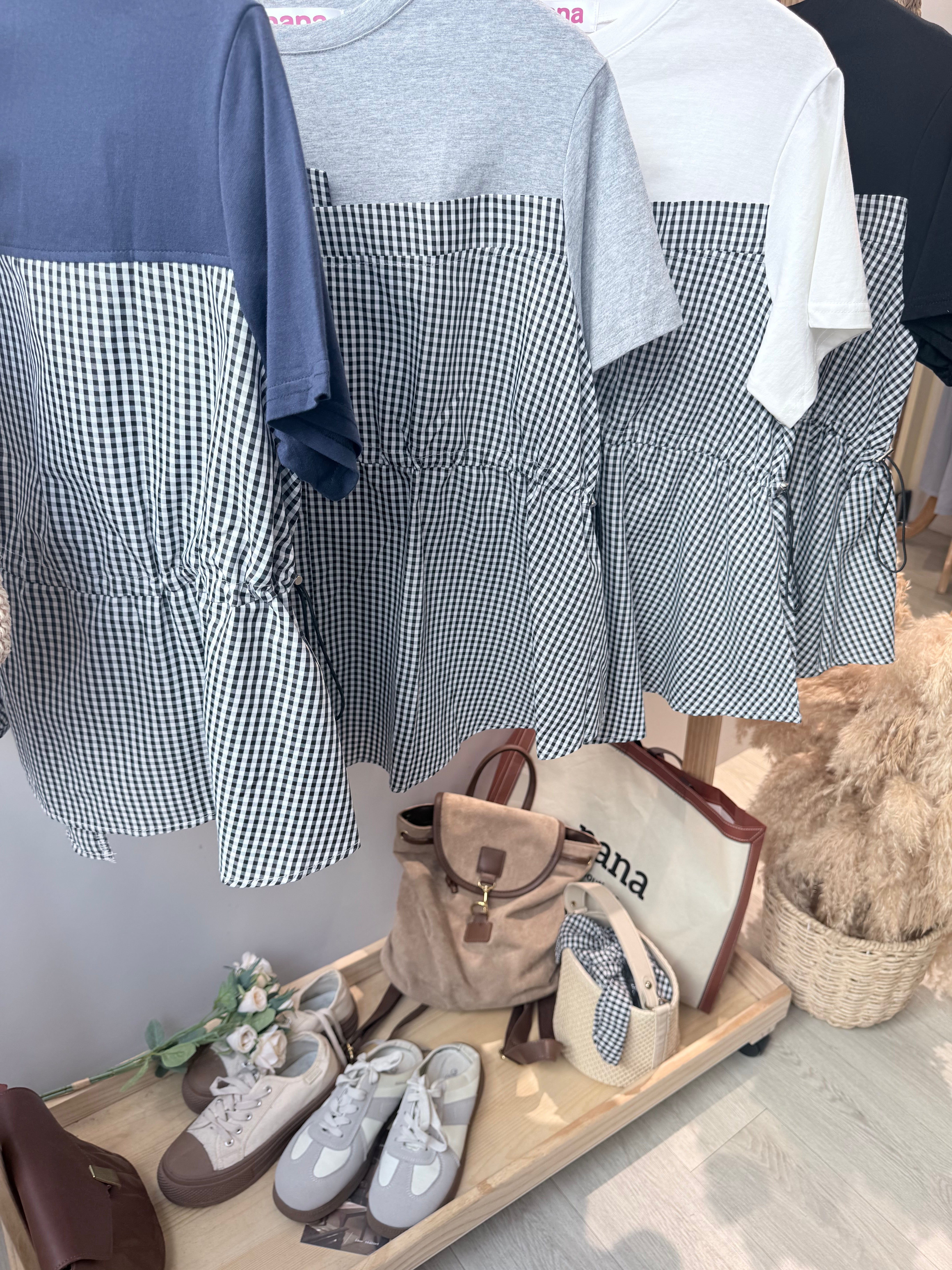 棉质并雪纺格子收腰上衣