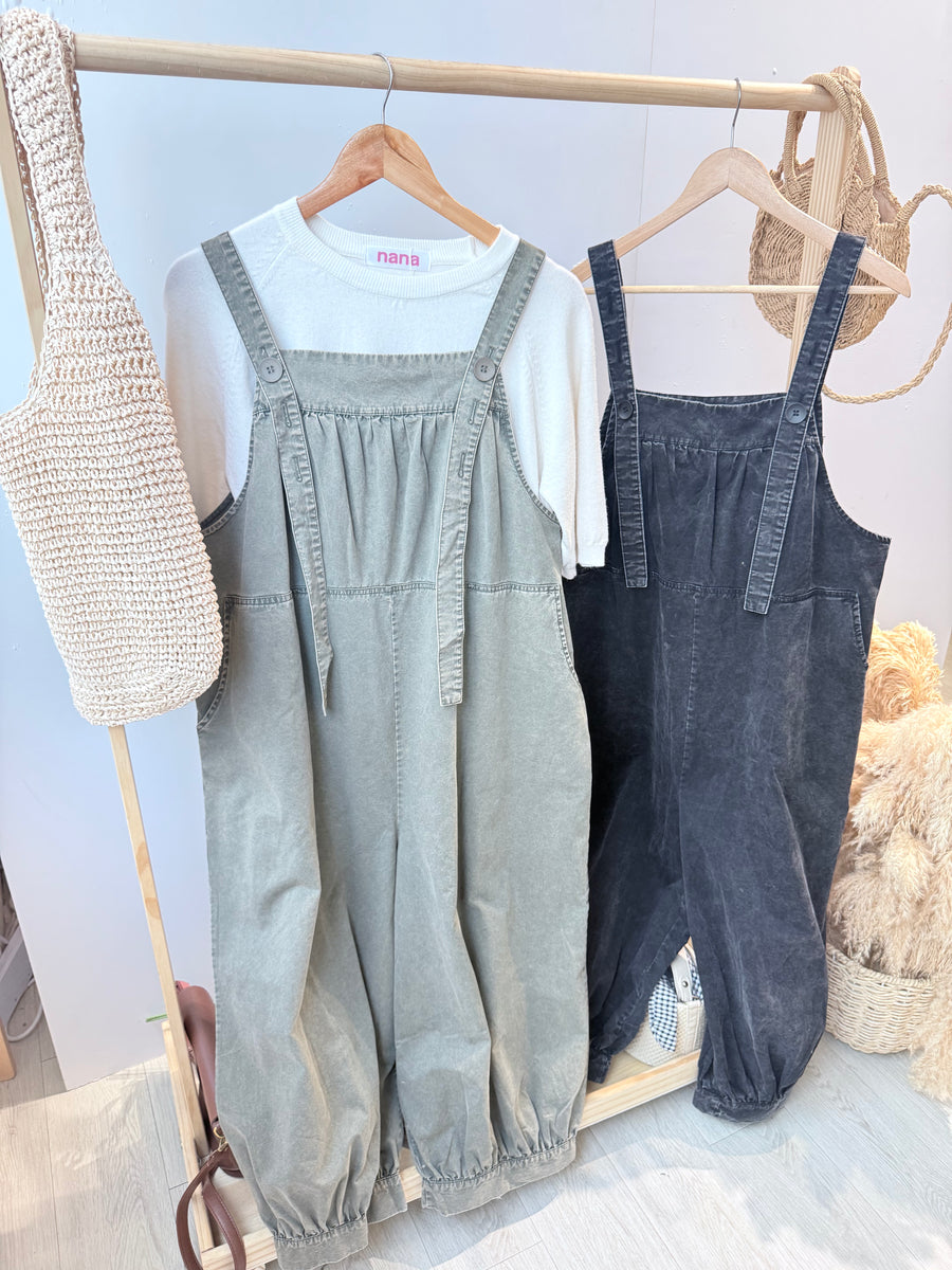 杂染色牛仔吊带拖地裤