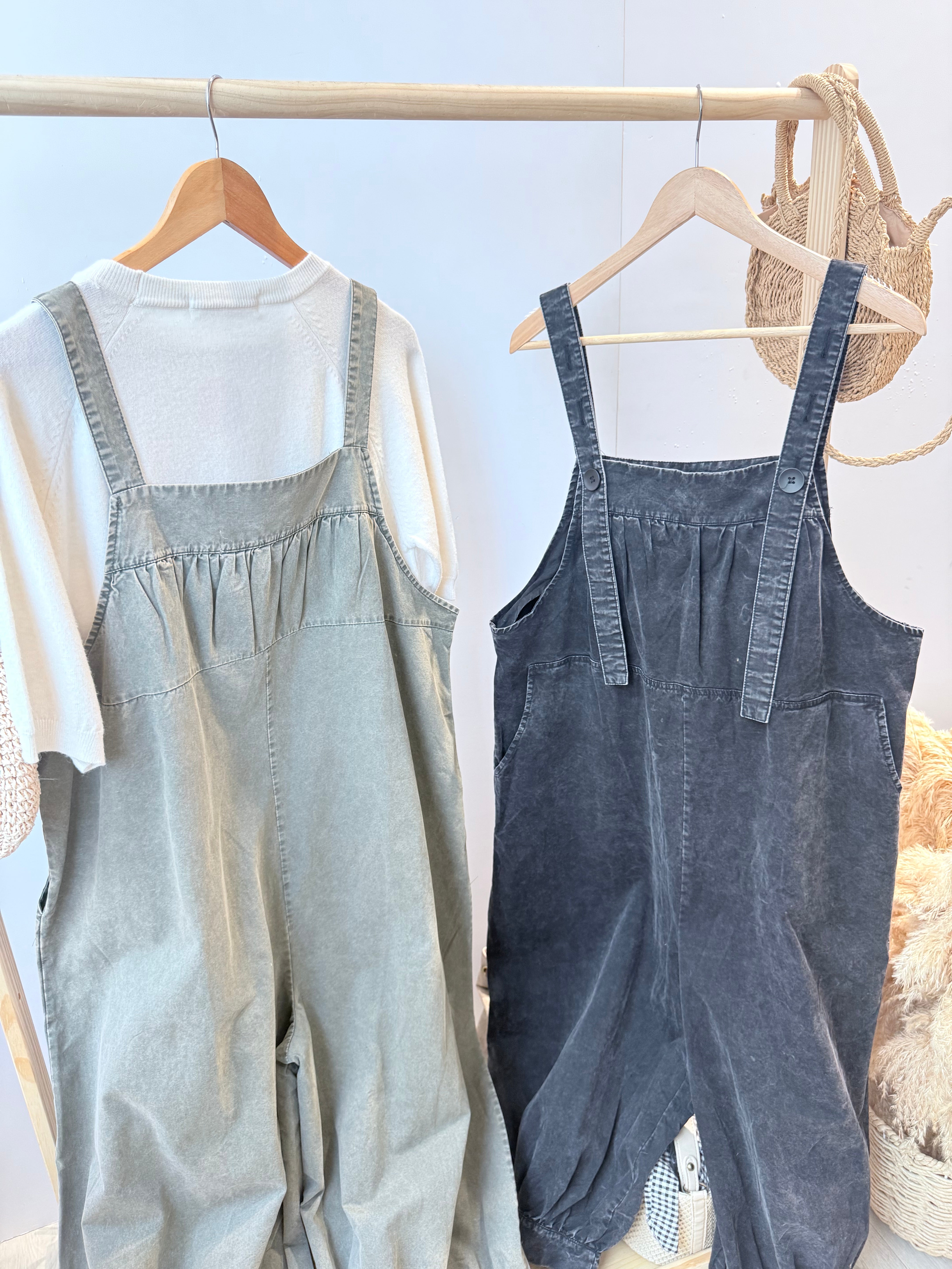 杂染色牛仔吊带拖地裤