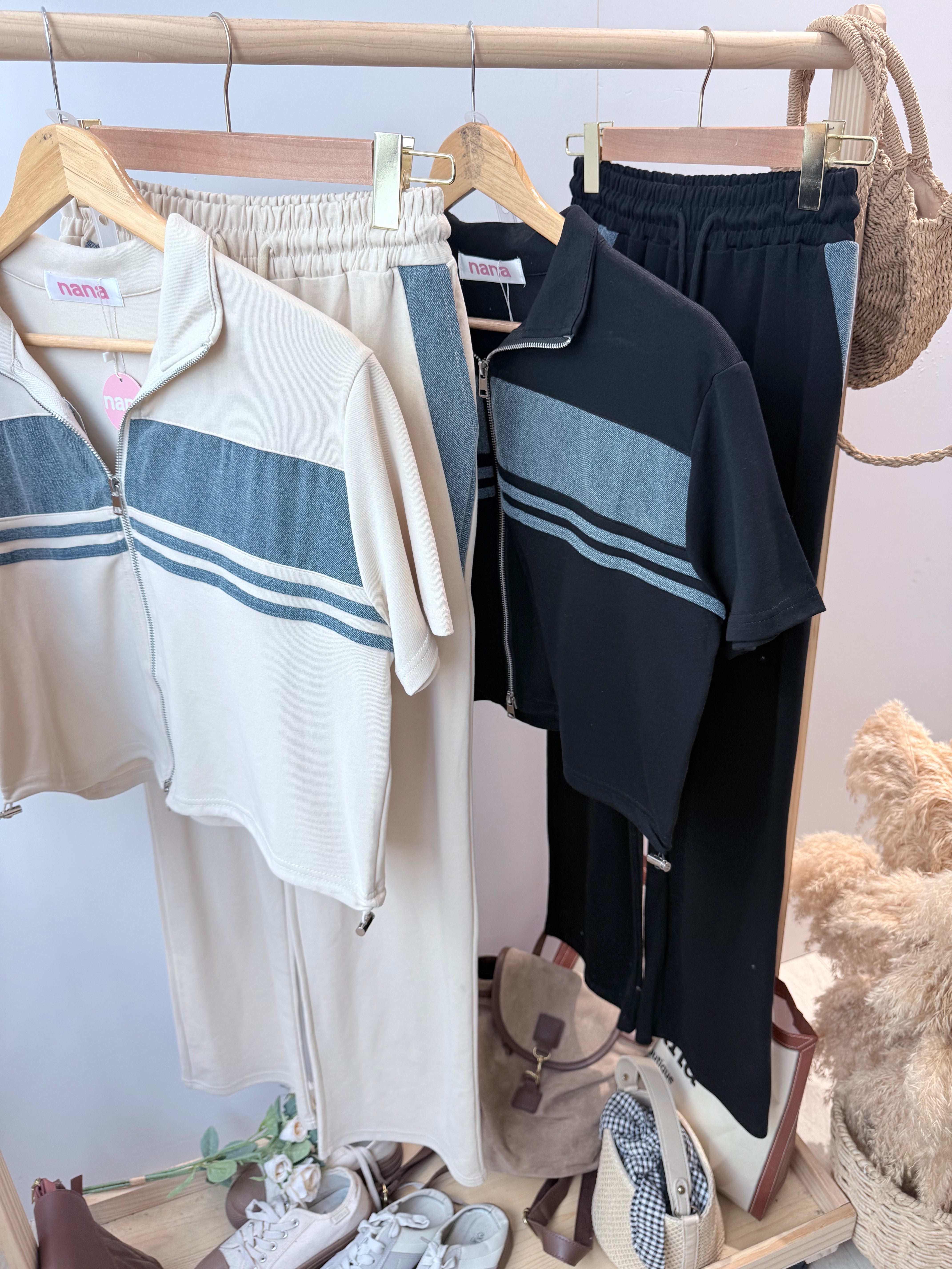 Cotton并牛仔边长裤显腿长套装