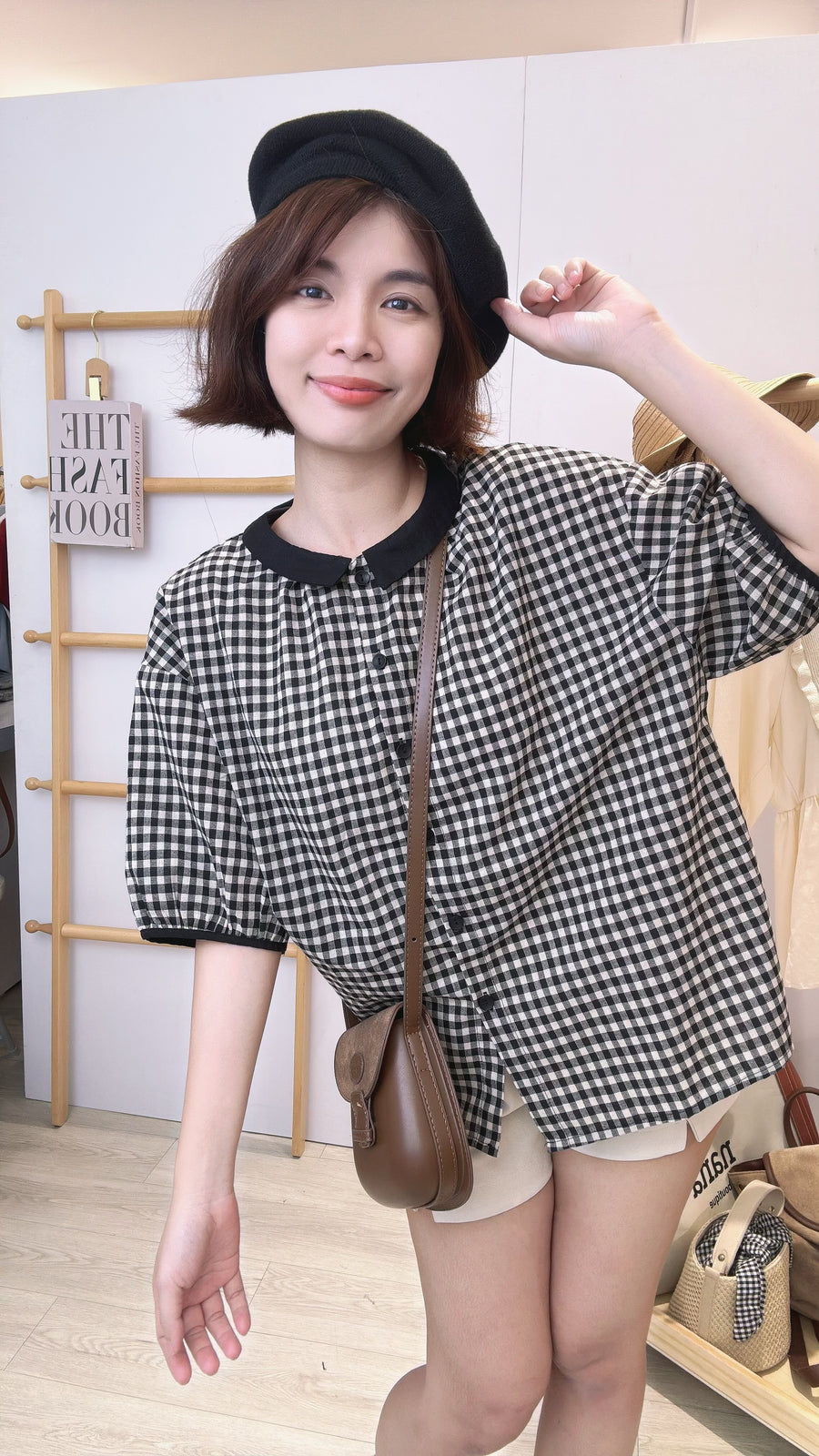 麻料格子活纽上衣