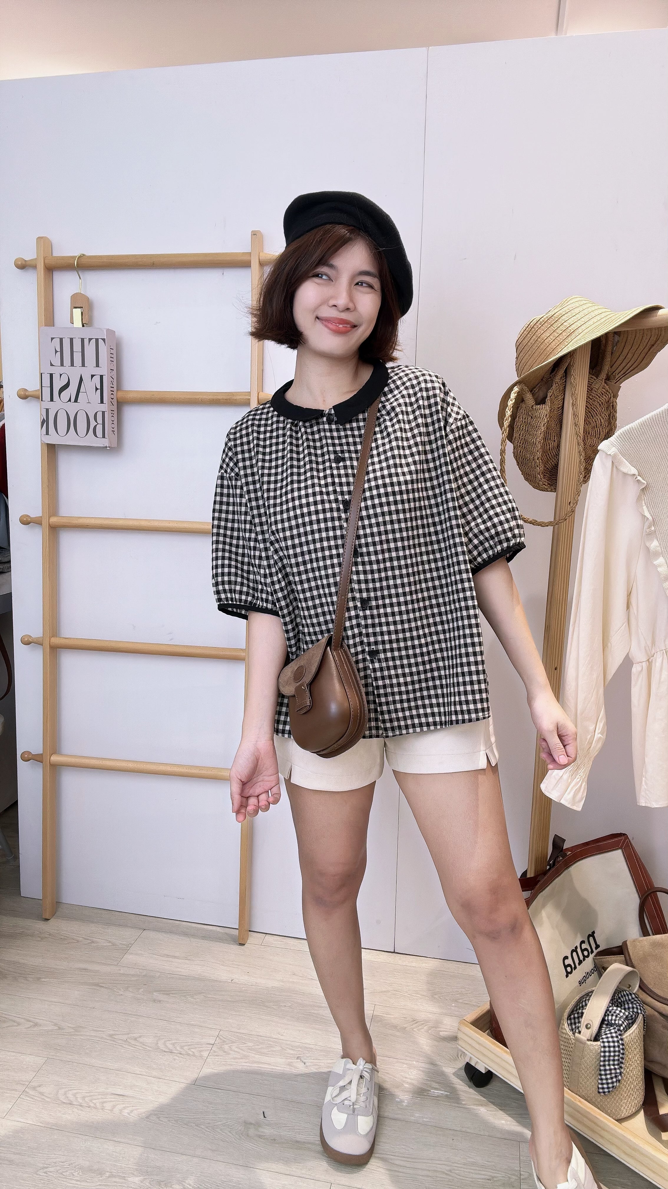 麻料格子活纽上衣